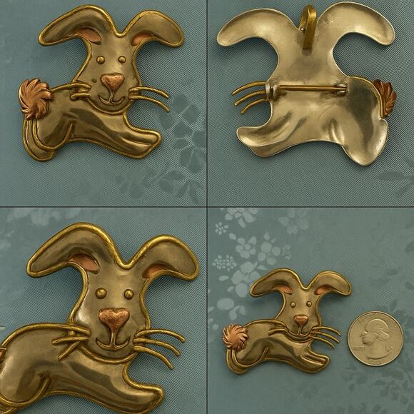 Vintage Mexico Sterling Silver Bunny Rabbit Pin Brooch Pendant Mixed Metal - Picture 4 of 4